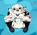  101_dalmatian_street 101_dalmatians 3_toes blush canid canine canis dalmatian disney dolly_(101_dalmatians) domestic_dog featureless_crotch female foot_fetish gesture lazzylad looking_at_viewer mammal musk paws smelly smile solo toes v_sign 