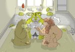  2012 anthro balls bathing belly detailed_background eyes_closed felid flaccid genitals group hi_res humanoid_hands kemono lion male mammal muscular overweight overweight_male pantherine penis pubes suishou0602 tiger ursid water 
