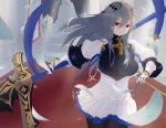 1girl azur_lane blue_ribbon breastplate breasts corset diamond_(shape) eyebrows_visible_through_hair fleur_de_lis gauntlets grey_hair hair_between_eyes hair_ornament holding holding_polearm holding_spear holding_weapon long_hair looking_at_viewer medium_breasts pleated_skirt polearm polearm_behind_back red_eyes ribbon saint-louis_(azur_lane) shigma skirt solo spear unitard weapon white_corset white_petals white_skirt 