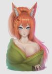  1girl animal_ears arm_under_breasts artist_name blush breast_lift breasts cleavage collarbone commission eyebrows_visible_through_hair fox_ears green_kimono highres japanese_clothes kimono kitsune large_breasts looking_at_viewer orange_hair original parted_lips ponytail ryumikooo sleeves_past_wrists smile solo upper_body 