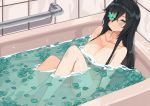  1girl bare_shoulders bathing black_hair blush breasts bug butterfly cleavage closed_mouth collarbone commission eyebrows_visible_through_hair green_eyes hair_between_eyes highres insect knees_up large_breasts long_hair looking_at_viewer nude original ryan_edian smile solo very_long_hair 