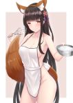  1girl akagi_(warship_girls_r) animal_ear_fluff animal_ears apron bangs bare_shoulders black_hair blush breasts brown_hair brown_tail cleavage collarbone commentary_request cream cream_on_body eyebrows_visible_through_hair fake_animal_ears filings_(ailuo_c) flower fox_ears hair_ornament highres holding japanese_clothes large_breasts long_hair looking_at_viewer naked_apron pink_background simple_background smile solo tail two-tone_background warship_girls_r white_background 