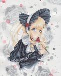  absurdres bangs black_dress blonde_hair blue_eyes dress eyebrows_visible_through_hair flower frills gloom_(expression) highres hood looking_at_viewer petals rose rose_petals rozen_maiden shinku small_hands traditional_media twintails water_drop watercolor_(medium) white_background yuuren_kyouko 