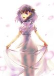  1girl :d absurdres dress fate/stay_night fate_(series) floating_hair from_behind hair_ribbon highres long_dress long_hair looking_at_viewer looking_back matou_sakura open_mouth purple_eyes purple_hair red_ribbon rei_no_himo ribbon see-through_silhouette short_sleeves skirt_hold smile solo sundress tsugu0302 white_background white_dress 