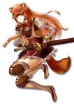  1girl absurdres animal_ears boots brown_eyes brown_gloves brown_hair closed_mouth floating_hair full_body gloves hair_tubes high-waist_skirt highres holding holding_sheath holding_sword holding_weapon long_hair long_sleeves looking_at_viewer miniskirt neck_ribbon raccoon_ears raccoon_girl raccoon_tail raphtalia red_ribbon ribbon sheath sheathed simple_background skirt smile solo sword tail tate_no_yuusha_no_nariagari thigh_boots thighhighs tsugu0302 very_long_hair weapon white_background zettai_ryouiki 