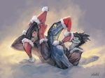  anthro athletic christmas clothed clothing digital_media_(artwork) green_eyes group hat headgear headwear holidays klongi lizard looking_at_another nude outside red_eyes reptile santa_hat scalie smile snow yellow_eyes 