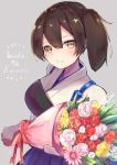  1girl anniversary blue_skirt bouquet breasts brown_eyes brown_hair flower hakama_skirt highres holding holding_bouquet japanese_clothes kaga_(kantai_collection) kantai_collection large_breasts long_hair looking_at_viewer muneate sashimi0gou side_ponytail skirt smile solo upper_body 
