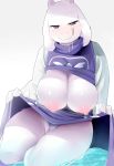  anthro blush bodily_fluids boss_monster bovid breasts caprine clothed clothing faeki female front_view fur genitals goat hi_res horn looking_at_viewer mammal nipples partially_clothed presenting presenting_pussy purple_eyes pussy saliva simple_background solo toriel undertale video_games white_background white_body white_fur 