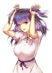  1girl :d absurdres arms_up bangs black_ribbon dress fate/stay_night fate_(series) floating_hair hair_ribbon highres holding holding_hair long_hair matou_sakura open_mouth purple_eyes purple_hair red_ribbon rei_no_himo ribbon short_sleeves simple_background smile solo standing sundress tsugu0302 two_side_up upper_body white_background white_dress 