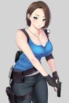  belt black_gloves blue_eyes blush breasts brown_hair cleavage fingerless_gloves gloves grey_background gun handgun highres holding holding_gun holding_weapon jewelry jill_valentine looking_at_viewer necklace resident_evil resident_evil_3 short_hair simple_background sleeveless tank_top walkie-talkie weapon zonda_(solid_air) 