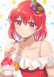  1girl bangs breasts cleavage collarbone eyebrows_visible_through_hair hair_between_eyes hair_ornament holding holding_spoon looking_at_viewer nail_polish nanase_(7749222) off-shoulder_shirt off_shoulder original parted_lips red_eyes red_hair red_nails red_shirt shaved_ice shiny shiny_hair shiny_skin shirt short_hair small_breasts solo spoon upper_body white_background 