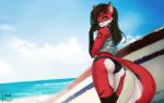  anthro beach bikini bikini_bottom biped butt butt_pose canid canine cheek_tuft claws clothing detailed_background ear_piercing facial_tuft fangs female fingers fox fur genitals gloves_(marking) hair highlights_(coloring) leg_markings looking_at_viewer mammal markings piercing pose red_fox roxana_(ayx) seaside sky smile socks_(marking) solo swimwear teeth toe_claws tuft woolrool 