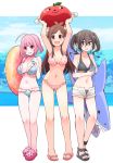  3girls ahoge armpits arms_up bikini black_bikini black_footwear black_hair blue_bikini blue_hair breasts brown_eyes brown_hair celebi_ryousangata eyebrows_visible_through_hair frilled_bikini frills full_body idolmaster idolmaster_cinderella_girls large_breasts long_hair looking_at_viewer medium_breasts mole mole_under_eye multicolored_hair multiple_girls navel open_mouth pink_eyes pink_footwear pink_hair plaid plaid_bikini red_eyes red_footwear sandals sharp_teeth short_hair shorts standing sunazuka_akira swimsuit tears teeth tsujino_akari twintails two-tone_hair unbuttoned unbuttoned_shorts wavy_mouth white_shorts yumemi_riamu 