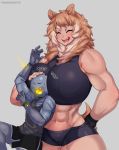  abs animal_humanoid biceps big_breasts blush bodily_fluids breasts canid canid_humanoid canine canine_humanoid deltoids dog_humanoid duo felicia_(krekk0v) female huge_breasts humanoid larger_female machine male male/female mammal mammal_humanoid muscular muscular_female muscular_male open_mouth robot simple_background size_difference smaller_male sweat taiger 