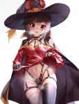 1girl bandaged_leg bandages belt black_choker black_legwear blush breasts cape choker commentary_request dress fingerless_gloves ginklaga gloves hat highres kono_subarashii_sekai_ni_shukufuku_wo! looking_at_viewer megumin navel o-ring object_insertion open_mouth red_dress red_eyes short_hair simple_background single_thighhigh solo tears thighhighs white_background witch_hat 