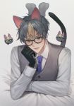  1boy animal_ears bangs black_gloves blonde_hair blue_neckwear cat cat_ears cat_tail commentary_request doubutsu_no_mori glasses gloves green_eyes grey_hair grey_sweater highres jack_(doubutsu_no_mori) long_sleeves looking_at_viewer lying micha multiple_views necktie on_stomach open_mouth personification shirt sweater tail white_shirt 