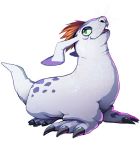  ambiguous_gender black_claws claws digimon digimon_(species) feral gomamon green_eyes mammal marine markings pinniped purple_markings seal simple_background smile solo threehares whiskers white_background white_body 