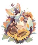  ambiguous_gender anthro arthropod butterfly feral flower fur group insect leaf lepidopteran lepidopteran_wings moonagvaze open_mouth pawpads paws plant simple_background smile solo_focus sunflower teeth tongue white_background wings 