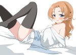  1girl bangs black_legwear blue_eyes blush braid collarbone girls_und_panzer long_hair looking_at_viewer obi off_shoulder open_mouth orange_hair orange_pekoe_(girls_und_panzer) parted_bangs rebirth42000 robe sash smile solo thighhighs tied_hair 