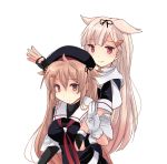  2girls anniversary asymmetrical_clothes beret black_headwear black_ribbon black_serafuku blonde_hair breasts brown_eyes commentary eyebrows_visible_through_hair gloves hair_flaps hair_ornament hair_ribbon hairclip hat heterochromia highres hirune_(konekonelkk) kantai_collection large_breasts light_brown_hair long_hair looking_at_viewer multiple_girls murasame_(kantai_collection) neckerchief red_eyes red_neckwear remodel_(kantai_collection) ribbon scarf school_uniform serafuku simple_background smile two_side_up white_background white_gloves white_scarf yuudachi_(kantai_collection) 