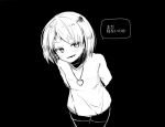  1other androgynous blush chara_(undertale) greyscale heart jewelry looking_at_viewer monochrome necklace open_mouth oshiruko_(tsume) shirt short_hair shorts simple_background smile solo striped striped_shirt undertale 