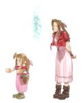  2girls aerith_gainsborough boots bow bracelet braid braided_ponytail brown_hair closed_eyes cropped_jacket dress drill_hair dual_persona final_fantasy final_fantasy_vii final_fantasy_vii_remake flower_basket green_eyes hair_bow highres jacket jewelry multiple_girls pink_dress polygonal red_jacket simple_background smile sora-bakabon standing twin_drills 