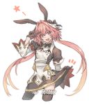  1boy :d animal_ears astolfo_(fate) bangs black_bow black_dress black_gloves black_hairband black_legwear black_neckwear bow bunny_ears crossdressing detached_sleeves dress fate/apocrypha fate_(series) floating_hair gloves hair_between_eyes hair_bow hair_intakes hairband highres kmk long_hair long_sleeves male_focus open_mouth pink_eyes pink_hair shiny shiny_hair short_dress skirt_hold smile solo thighhighs twintails very_long_hair white_sleeves zettai_ryouiki 