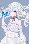  1girl animal bare_shoulders blue_background blue_butterfly blue_eyes blush braid breasts brown_choker bug butterfly choker cleavage closed_mouth collarbone dress eyebrows_visible_through_hair fingernails frilled_dress frills glowing insect long_hair original signature simple_background tokiwata_soul white_hair 