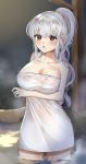  1girl :o bare_arms bare_shoulders black_eyes breasts cleavage collarbone commission frown highres large_breasts long_hair naked_towel onsen open_mouth original poho ponytail silver_hair solo standing steam towel wading water wet 