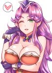  1girl angela_(seiken_densetsu_3) breasts cleavage crown detached_collar gloves green_eyes heart large_breasts leotard long_hair mabo-udon mini_crown one_eye_closed pointy_ears purple_hair red_leotard seiken_densetsu seiken_densetsu_3 smile solo spoken_heart upper_body wrist_cuffs 