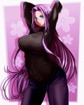  1girl absurdres black_sweater breasts demonx20 denim fate/hollow_ataraxia fate/stay_night fate_(series) glasses heaven&#039;s_feel highres jeans large_breasts long_hair looking_at_viewer pants purple_eyes purple_hair purple_pants rider solo sweater thighhighs very_long_hair 