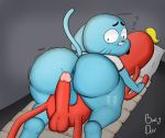  2019 absurd_res all_fours anus big_butt big_penis blue_body blue_fur bootydox butt cartoon_network clothed clothing detailed_background digital_media_(artwork) duo felid food food_creature fur genitals gumball_watterson hi_res hot_dog_guy imminent_sex looking_back male male/male mammal partially_clothed penis pinned sex sleep_sex sleeping the_amazing_world_of_gumball thick_thighs 