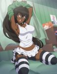  1girl absurdres arms_behind_head arms_up artist_name bike_shorts black_hair black_legwear blush breasts chuunioniika cleavage commission curtains dark_skin eyebrows_visible_through_hair highres indoors large_breasts long_hair looking_at_viewer open_mouth original red_eyes seiza sitting skirt smile solo striped striped_legwear tank_top thighhighs twitter_username undressing upper_teeth very_long_hair white_legwear white_skirt 