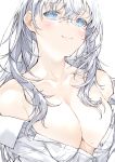  1girl bangs bare_shoulders blue_eyes blush breasts cleavage closed_mouth collarbone collared_shirt commentary_request dress_shirt eyebrows_visible_through_hair highres kou_mashiro large_breasts long_hair looking_at_viewer open_clothes open_shirt original partially_unbuttoned shirt silver_hair simple_background smile smug solo white_background white_shirt 