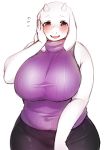  2019 anthro big_breasts blush boss_monster bovid breasts caprine clothed clothing female fingers fur hand_on_face hi_res horn huge_breasts looking_at_viewer mammal mature_female open_mouth sakuragiyomi simple_background solo toriel undertale video_games white_background white_body white_fur wide_hips 