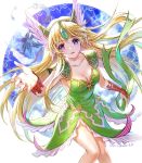  1girl amazio_komeko blonde_hair blue_eyes breasts bridal_gauntlets cleavage dated dress feathers flammie forehead_jewel green_dress head_wings long_hair riesz seiken_densetsu seiken_densetsu_3 