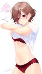  !! 1girl blush bra brown_hair eyebrows_visible_through_hair eyes_visible_through_hair floral_print hair_between_eyes hair_ornament hair_over_one_eye hairclip highres higuchi_madoka idolmaster idolmaster_shiny_colors lace lace-trimmed_bra lace-trimmed_panties looking_at_viewer mole mole_under_eye navel owl_(polaris_ilu) panties purple_eyes red_bra red_panties shirt shirt_lift short_hair short_sleeves signature simple_background solo speech_bubble underwear underwear_only white_background white_shirt 