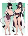 animal_humanoid animal_print big_breasts bikini black_hair bovid bovid_humanoid bovine bovine_humanoid breast_size_difference breasts cleavage clothed clothing coat collar cow_print cowbell dialogue duo female hair hi_res huge_breasts humanoid kojiro-brushard lab_coat lessien mammal mammal_humanoid swimwear topwear 