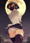  1girl ass back black_bow black_hair black_legwear blue_skirt bow building city cloud eyes filia_(skullgirls) fingernails hair_between_eyes hat hat_bow highres kureta_(nikogori) looking_back moon outdoors panties parted_lips red_eyes samson_(skullgirls) skirt skullgirls sky thighhighs underwear white_headwear white_panties yellow_eyes yellow_moon 