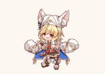  1girl absurdres animal_ear_fluff animal_ears animal_hat bangs belt black_legwear blonde_hair blush boots brown_background brown_footwear brown_gloves brown_skirt chibi claw_pose commentary_request eyebrows_visible_through_hair fake_animal_ears fingerless_gloves full_body fur-trimmed_sleeves fur_hat fur_trim girls_frontline gloves hair_between_eyes hat highres jacket jacket_on_shoulders kneehighs long_hair long_sleeves looking_at_viewer matsuo_(matuonoie) nagant_revolver_(girls_frontline) open_mouth pleated_skirt red_belt red_eyes shirt simple_background single_glove skirt solo standing star striped white_headwear white_jacket white_shirt 