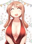  1girl absurdres bare_shoulders birthday blush breasts brown_hair cleavage collarbone dress earrings eyebrows_visible_through_hair happy_birthday highres hirame_guard jewelry large_breasts long_hair matsumoto_yoriko no_bra open_mouth red_dress shiny shiny_hair shiny_skin simple_background smile solo sweatdrop upper_body white_background yuyushiki 