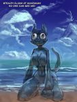  2019 3:4 ambie-chan_(general-irrelevant) anthro beach breasts cloud day detailed_background dialogue felid female general-irrelevant green_eyes hi_res kneeling mammal navel nude outside seaside smile solo translucent translucent_body water wet 