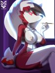  3:4 anthro anthrofied areola black_nose breasts chest_tuft crossed_legs diacordst female fur gloves_(marking) hi_res holding_object lycanroc markings midnight_lycanroc multicolored_body multicolored_fur nintendo nipples nude pok&eacute;mon pok&eacute;mon_(species) red_body red_fur sitting smoking solo tuft video_games white_body white_fur 