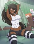  1girl absurdres arms_behind_head arms_up artist_name bike_shorts black_hair black_legwear blush breasts chuunioniika cleavage commission curtains dark_skin eyebrows_visible_through_hair highres indoors large_breasts long_hair looking_at_viewer open_mouth original red_eyes seiza sitting smile solo striped striped_legwear tank_top thighhighs twitter_username undressing upper_teeth very_long_hair white_legwear 