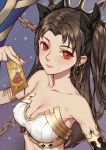  1girl armlet bangs bare_shoulders between_fingers bikini black_bow black_hair blush bow card chain chinese_commentary collarbone commentary_request da_mao_banlangen earrings fate/grand_order fate_(series) fingernails forehead hair_bow holding hoop_earrings ishtar_(fate)_(all) ishtar_(fate/grand_order) jewelry long_fingernails long_hair looking_at_viewer parted_bangs purple_background red_eyes simple_background solo sparkle straight_hair strapless strapless_bikini swimsuit two_side_up upper_body very_long_hair white_bikini 