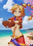  1girl alkemanubis beach blonde_hair blue_eyes blue_sky braid braided_ponytail chrono_cross cloud coral cracking_knuckles dagger fingerless_gloves gloves highres kid_(chrono_cross) miniskirt navel ocean skirt sky smile solo stomach weapon 