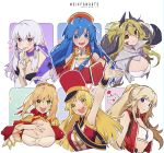  6+girls ahoge arknights arm_up blonde_hair blue_eyes blue_hair blush breasts brown_eyes character_request cleavage closed_mouth copyright_request estelle_(arknights) eyebrows_visible_through_hair fate/grand_order fate_(series) final_fantasy final_fantasy_xiv fire_emblem fire_emblem:_the_binding_blade fork green_eyes hand_on_own_chest hat heart highres holding holding_fork jewelry large_breasts lilina_(fire_emblem) long_hair looking_at_viewer lyse_hext multiple_girls necklace nero_claudius_(fate) nero_claudius_(fate)_(all) open_mouth pink_eyes ponytail red_headwear rirene_rn short_hair silver_hair six_fanarts_challenge smile upper_teeth 