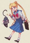  1girl bag bishoujo_senshi_sailor_moon black_cat black_footwear blonde_hair blue_eyes blue_sailor_collar blue_skirt bow brooch cat collarbone crescent double_bun earrings eyebrows_visible_through_hair full_body hankuri index_finger_raised jewelry juuban_middle_school_uniform long_hair long_skirt luna_(sailor_moon) mary_janes open_mouth pleated_skirt red_bow sailor_collar school_bag school_uniform serafuku shirt shoes simple_background skirt socks standing star tsukino_usagi twintails uniform very_long_hair white_legwear white_shirt 