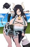  animal_humanoid animal_print bent_over big_breasts black_hair blue_eyes bovid bovid_humanoid bovine bovine_humanoid breasts cleavage clothed clothing collar cow_print cowbell female hair hand_on_hip hi_res holding_object huge_breasts humanoid kojiro-brushard legband lessien mammal mammal_humanoid raised_tail solo thighband 