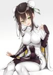  absurdres bodysuit bun_cover cape chinese_clothes covered_navel double_bun fate/grand_order fate_(series) fingerless_gloves gloves green_eyes highres mimikaki nyatabe patting_lap qin_liangyu_(fate) sitting skin_tight white_bodysuit white_cape 